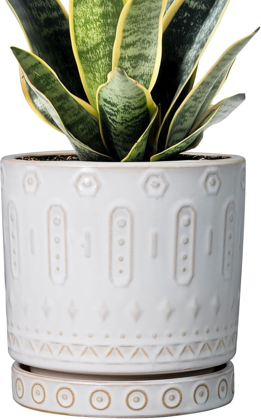 Pot for Plants 6 Inch - Ceramic Planter for Indoor Plants Decorative Plant Pot with Drainage Holes and Saucer Outdoor Flower Pot Modern Succulent Pots for Office Desk Decor White