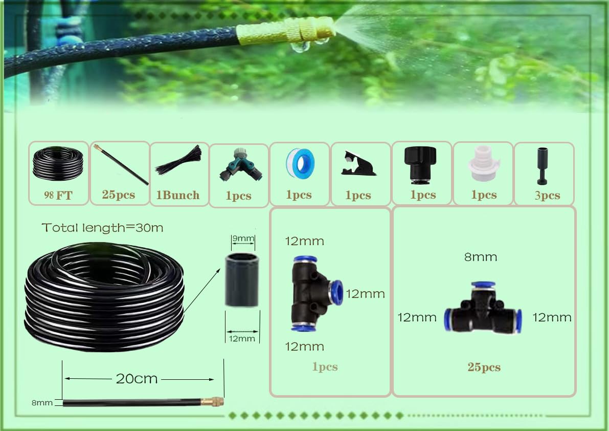 New drip Irrigation kit, Automatic Garden Watering System, Quick Connector and 360-degree Bending Dropper atomizing Copper Nozzle, Garden Plant Lawn Courtyard Watering System.(25spray nozzles)