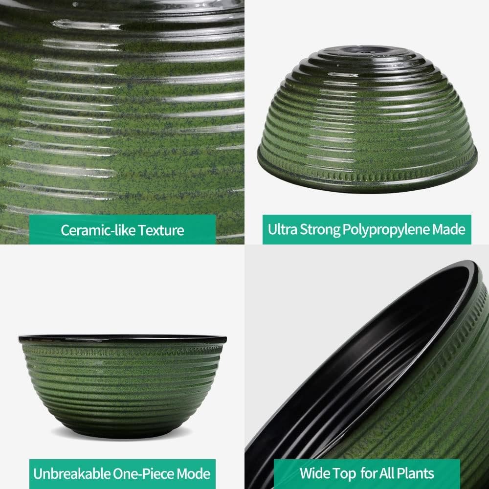 2 Pack 10 Inch Plant Pots,Durable Decorative Flower Pots Planters with Drainage Hole for Indoor and Outdoor Plants,Flowers,Succulents, Green