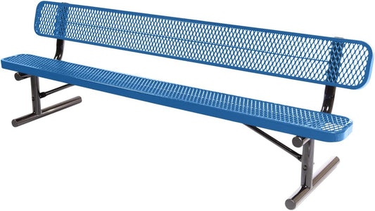 Heavy-Duty Portable Outdoor Bench Thermoplastic Coated, Expanded Metal, Commercial-Grade Seating, Made in America (Portable with Back, 8 Ft, Textured Light Blue)