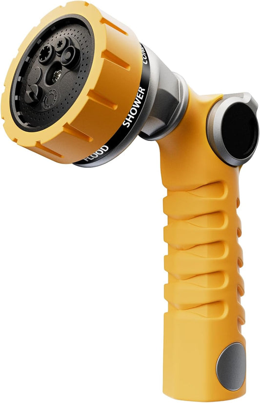 RESTMO Heavy Duty Hose Nozzle, Metal Garden Water Hose Sprayer with 7 Watering Patterns, Thumb Control, On Off Valve, High Pressure Nozzle Sprayer for Watering Plants, Car and Pet Washing, Yellow