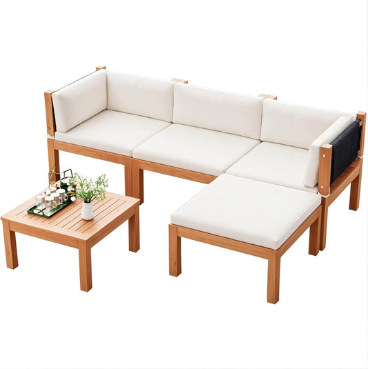 Devoko 5 Pieces Acacia Wood Outdoor Sectional Sofa Set with Coffee Table, Outdoor L-Shaped Couch with All-Weather Cushion for Patio