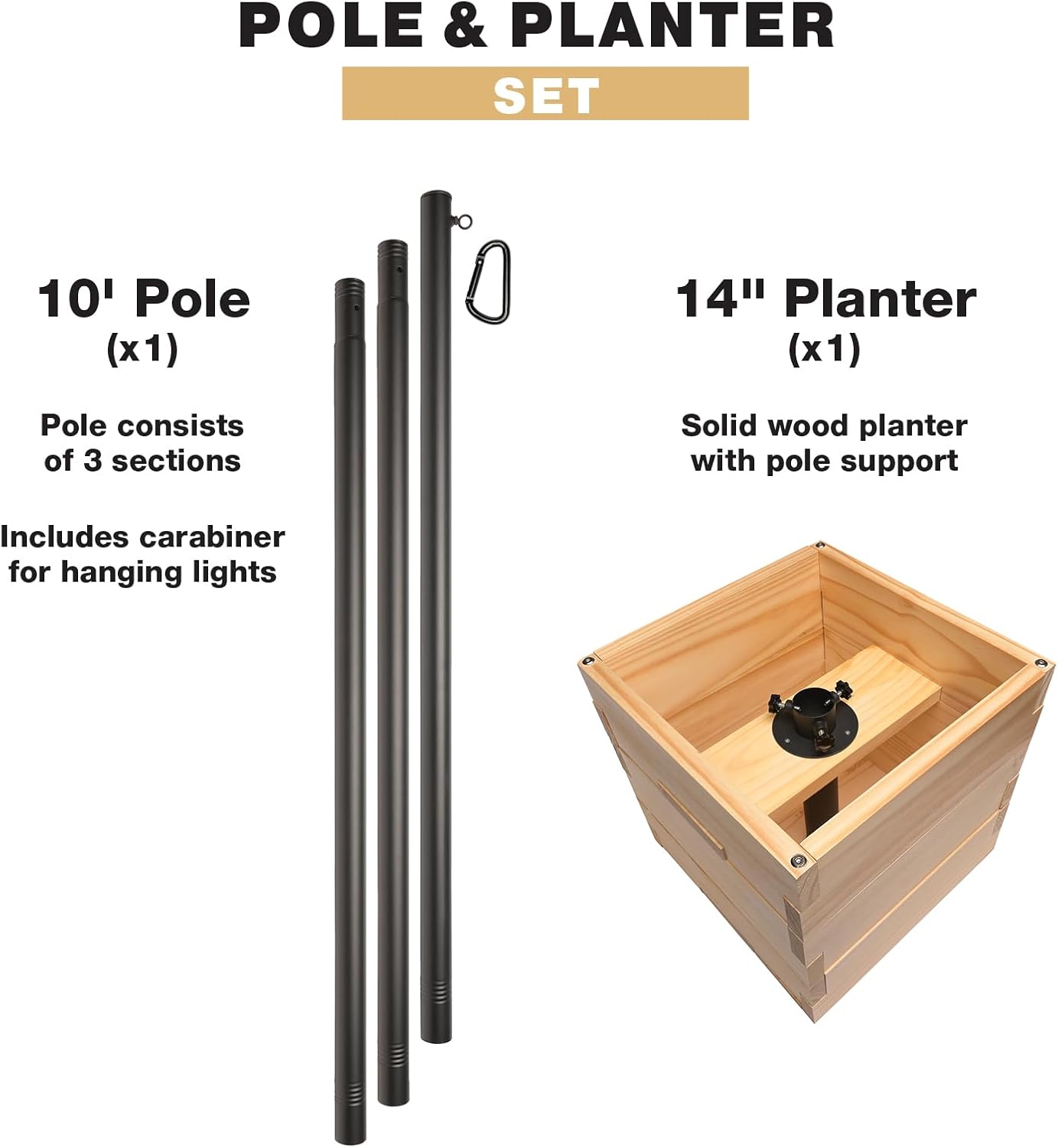 Excello Global Products Wooden Planter Box Set with 10' String Light Pole - 14"x14", Ready to Assemble.