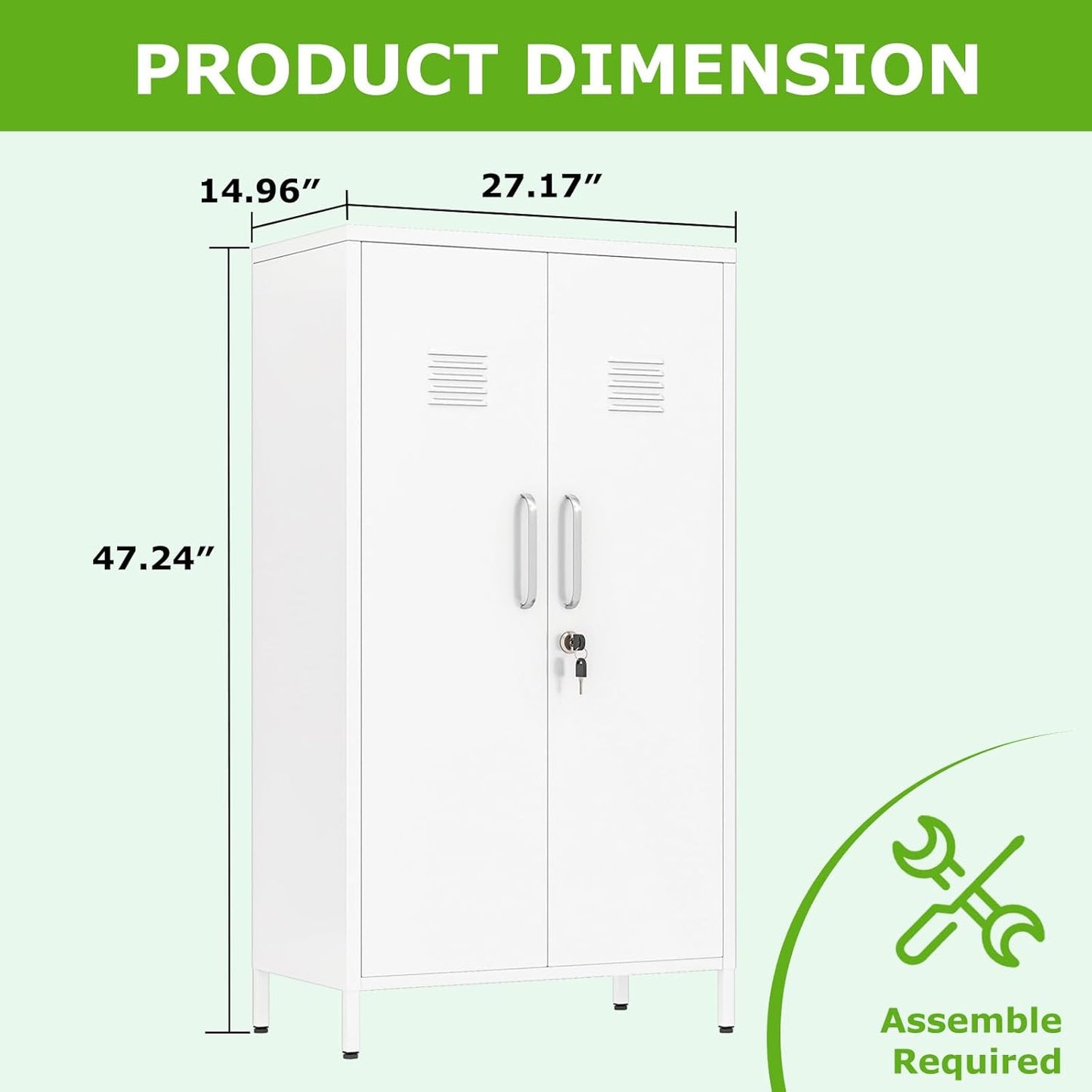47" Metal Storage Locker, Lockable Employees Metal Locker with 2 Door and Adjustable Shelves, Steel Locker for Home, School, Office, Gym (White)