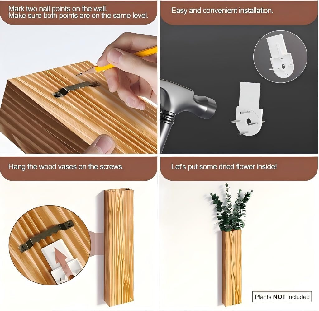 Wall Planters for Indoor Plants, Wood Wall Planter Vase Wall Decor for Living Room, Decorative Vases for Dried Flowers, Brown