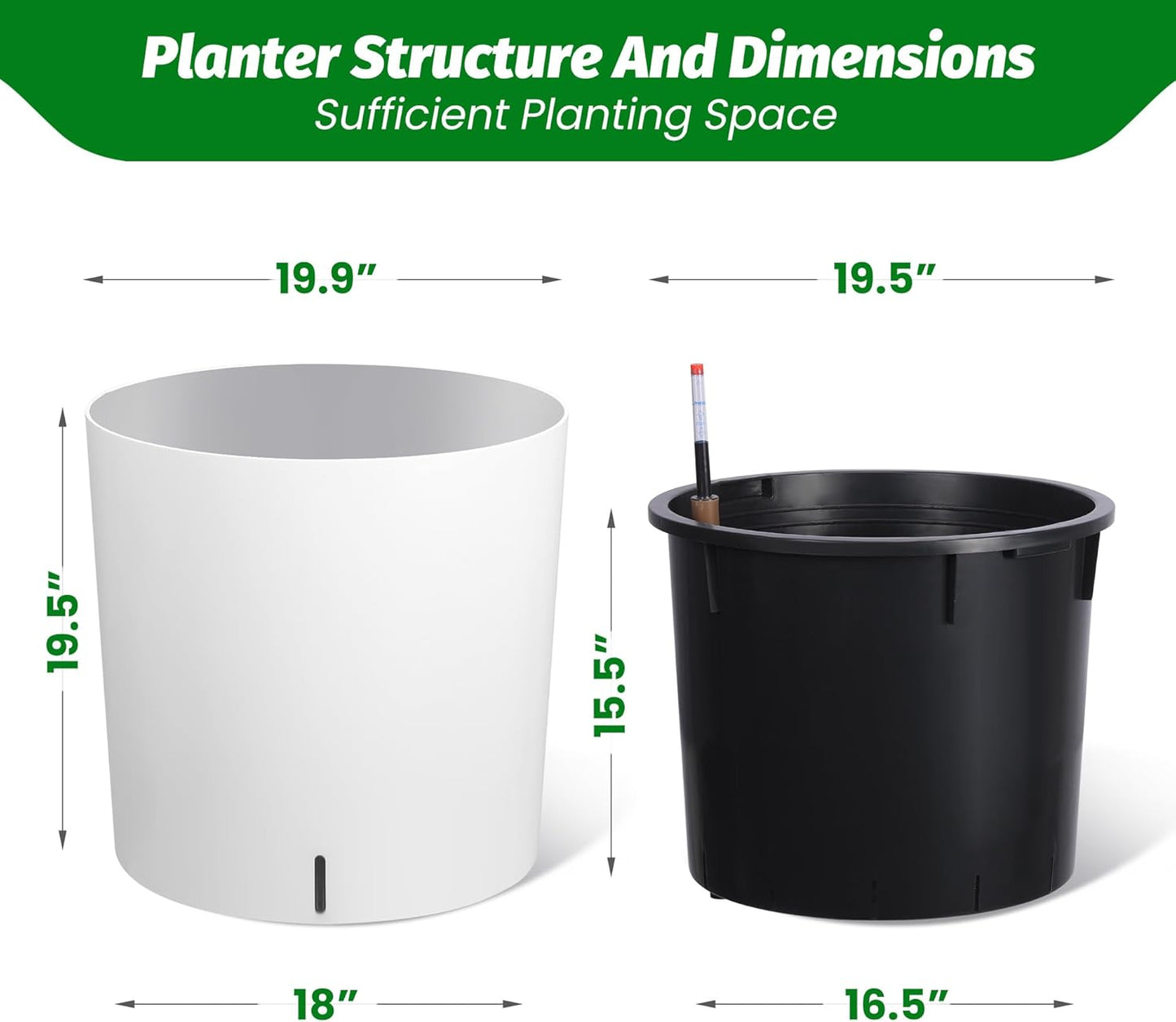 Tall Round Planter Set of 2, 19.5‘’ H x 19.9" Dia Large Planters for Indoor Plants with Built-in Drainage and a Water Level Monitor and Wheels for Patio, Porch, Living Room, or Home Office, White