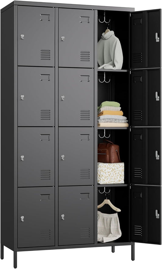 12 Doors Metal Lockers for Employees with 12 Hooks, Storage Locker with Business Card Holder for Office Gym School Bedroom, Assembly Required, Black
