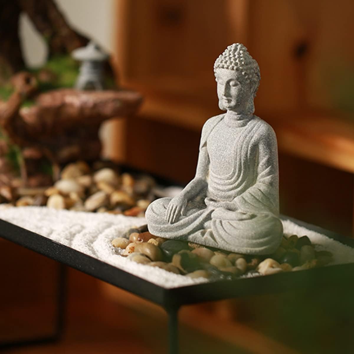 Buddha Statue and 2 Japanese Lantern Pagoda Statues - Zen Garden Accessories for Home and Mini Meditation Decor