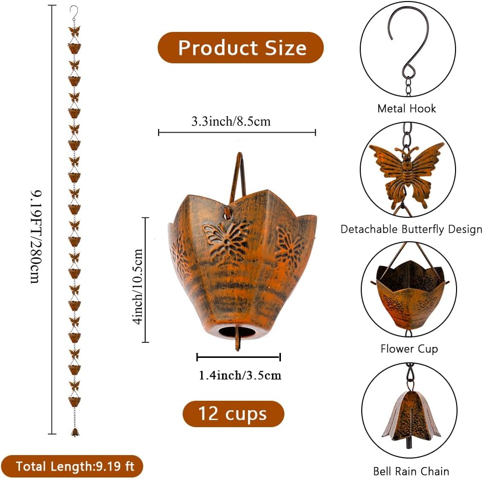 9.2FT Rain Chain for Outside, Rain Chain with 12 Butterfly Cups Adjustable Rain Chains for Gutters, Eaves, Drainage, Replacement for Downpout