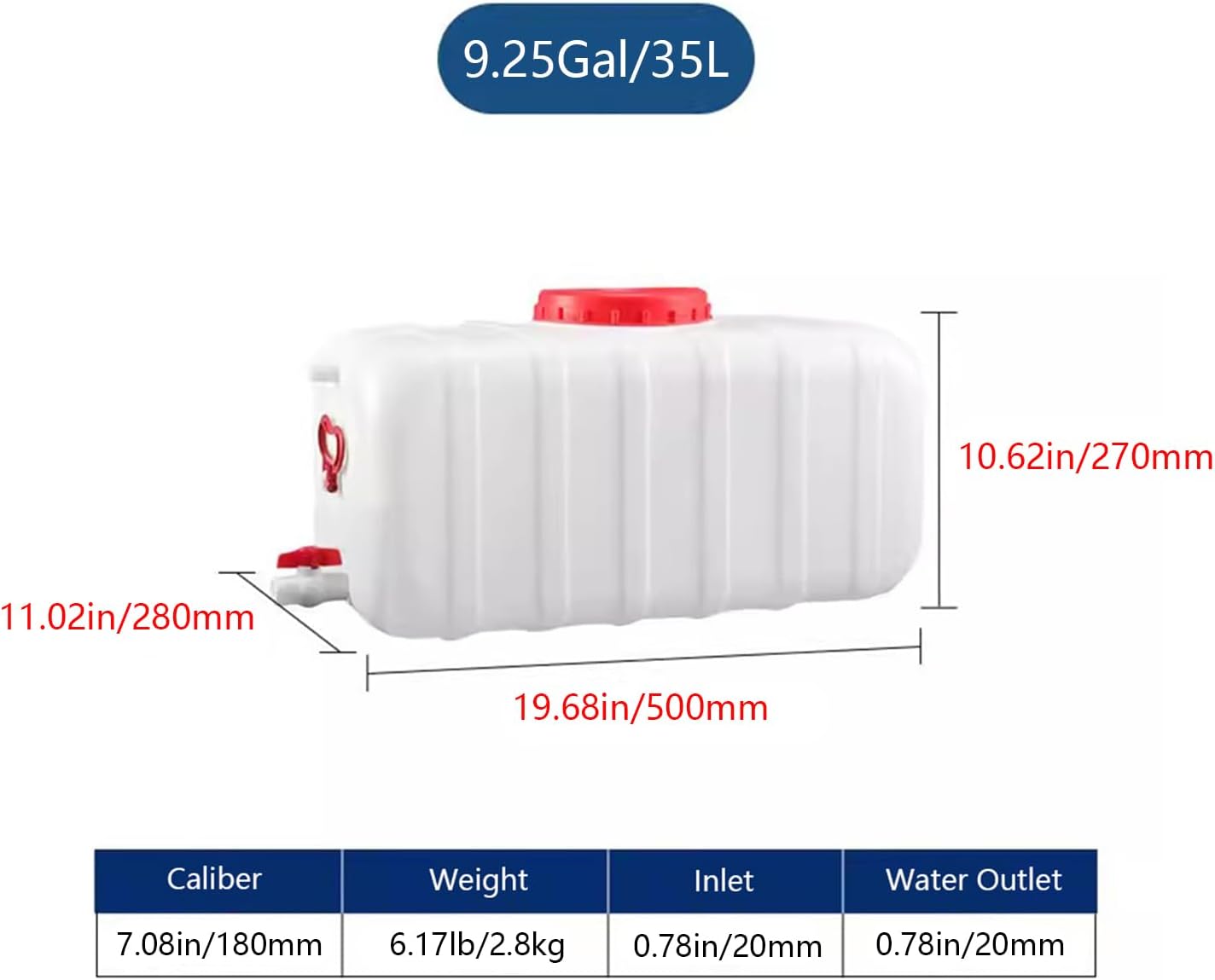 Plastic Water Storage Carrier with Tap 25L/35L/50L/80L/110L/200L Water Tank Dispenser Emergency Water Container for Camping Caravan Hiking Outdoor(Size:9.25Gal/35L)