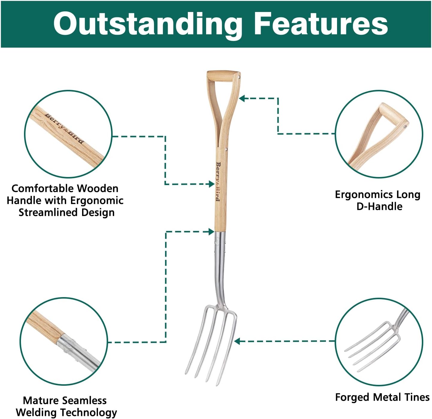 Berry&Bird Gardening Digging Fork, 4-Tine Stainless Steel Pitchfork, 43.9" Heavy Duty Spading Fork with D-Grip Handle and Ergonomic Ash Wood Handle for Digging, Planting, Cultivating, Aerating