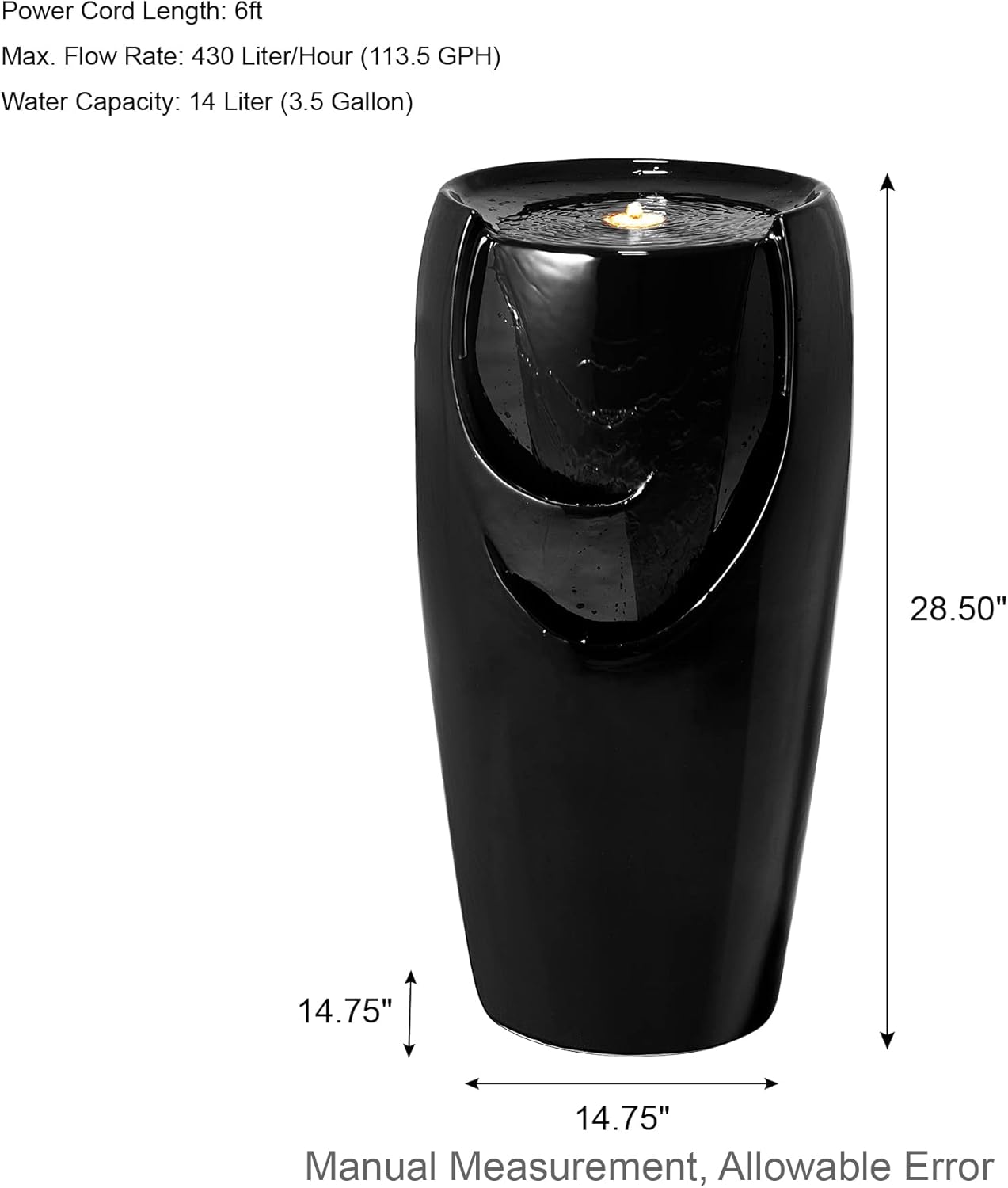 Glitzhome 29.25" H Oversized Ceramic Vase Outdoor Water Fountain Tall Patio Garden Water Fountain with LED Light and Submersible Pump Yard Art Decor, Black, 29.25”H