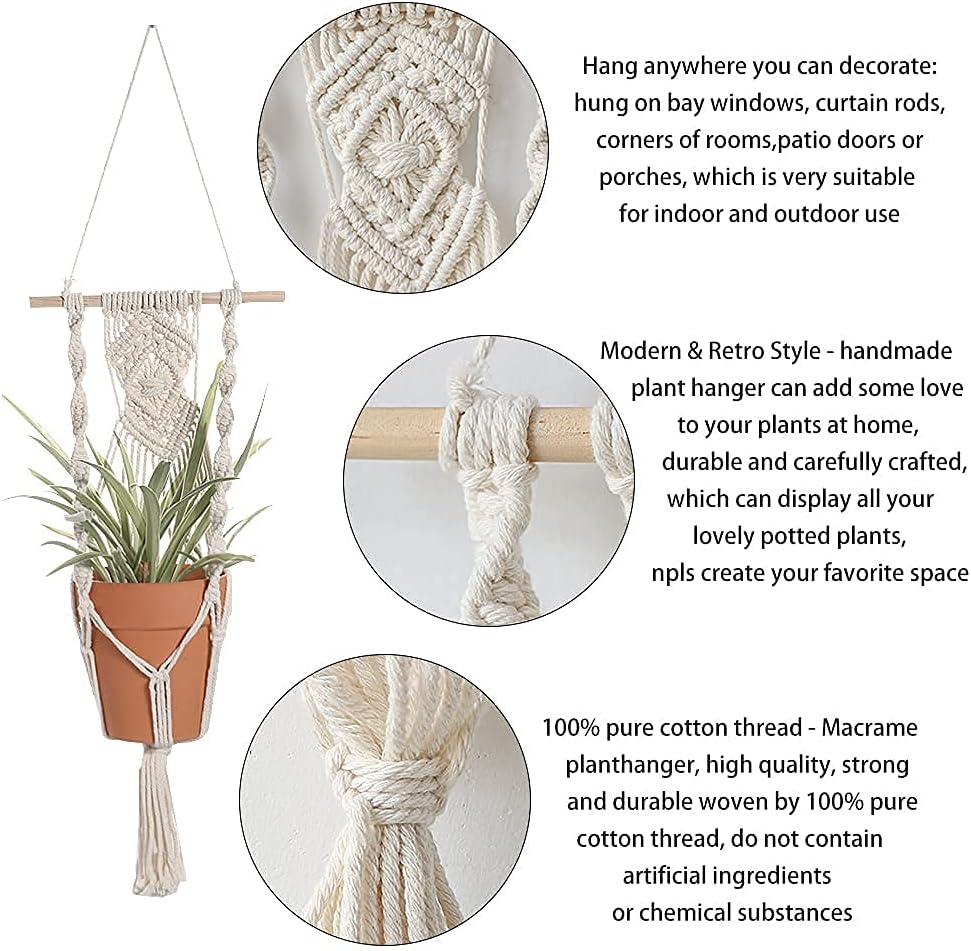 Boho Macrame Plant Hangers - Handmade Hemp Rope Hanging Baskets for Plants with Ceiling Hooks, Bohemian Home Decor Wall Art