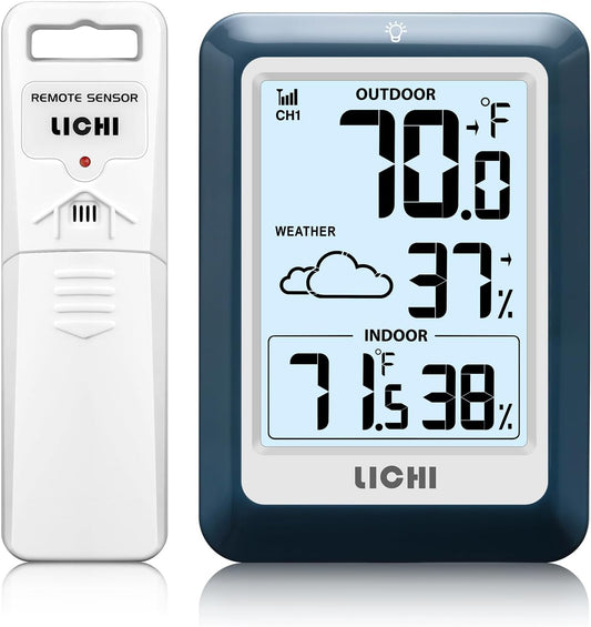 Indoor Outdoor Thermometer Wireless Weather Station, Internal External Thermometer Hygrometer, Home Batteryoperated Temperature Humiditymonitors330 Feet (About 100 Meters) Backlight Display (Blue)