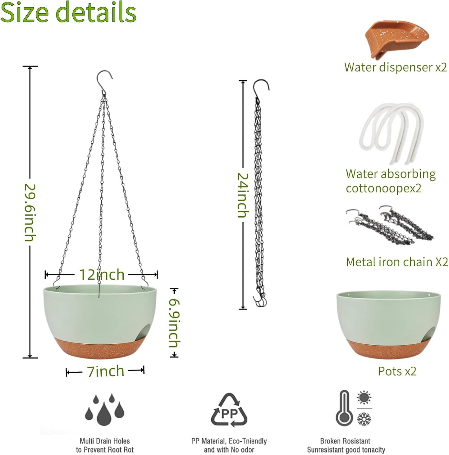 2 Pack Hanging Planters for Indoor Outdoor Plants, 12 Inch Self Watering Hanging Pot with Drainage Holes and Saucer, Plastic Plant Pots, Green Brown Flower Pots for Kitchen, Balcony, Garden