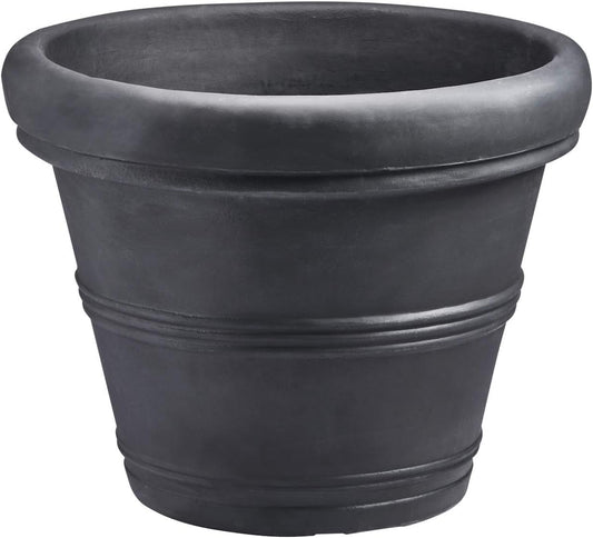 Crescent Garden Brunello Classic Rolled Rim Planter Pot, Indoor/Outdoor Plastic Round Plant Pot - Resin Large UV-Resistant Flower Pot - Frostproof, Fadeproof Pots - 27'W' (Black)