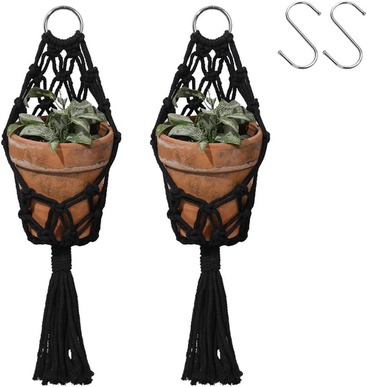Artilady 2 Pack Black Macrame Plant Hanger Indoor - Large Hanging Planters for Wall Plants Holder Short Hademade Boho Farmhouse Rustic Home Decor