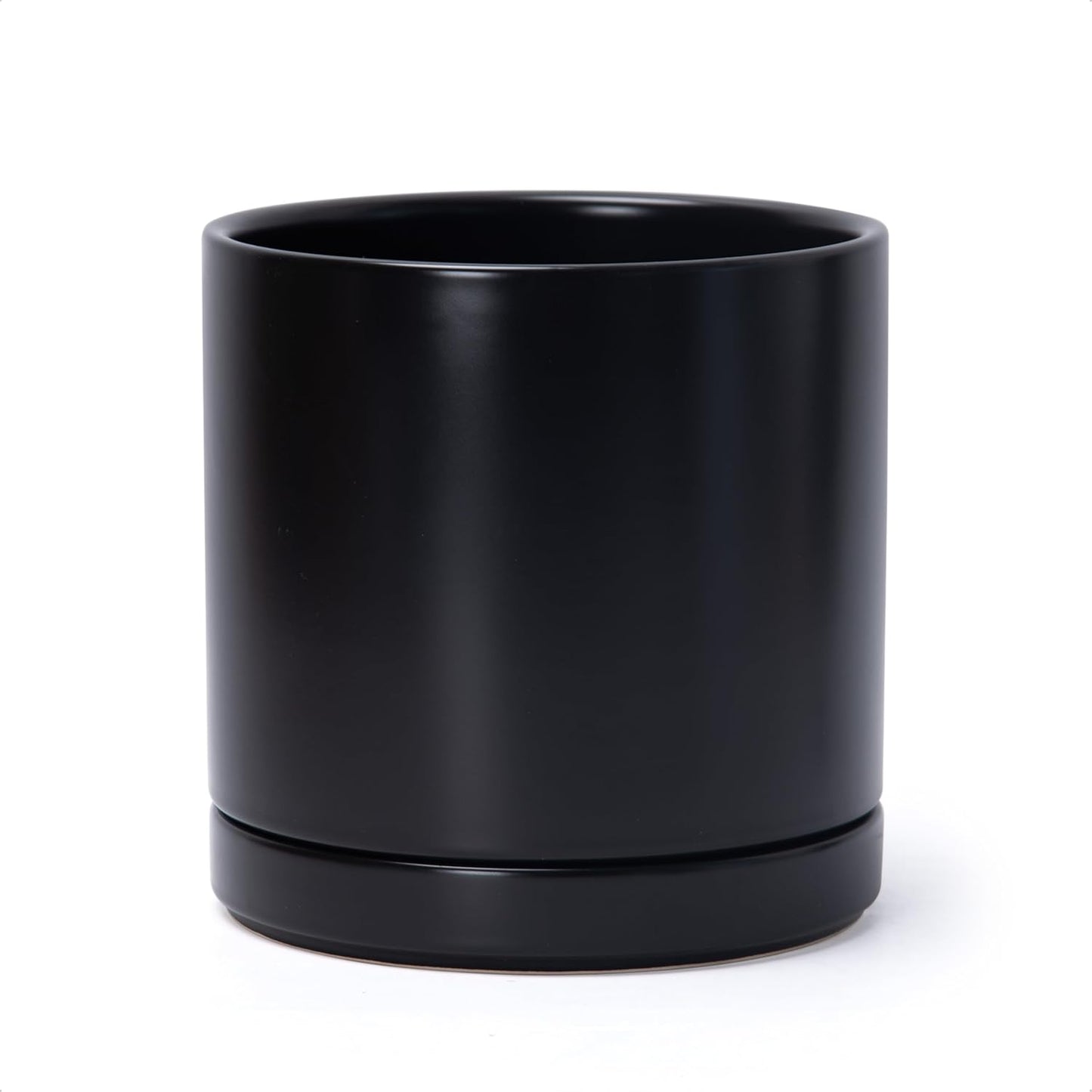 D'vine Dev 8 Inch Ceramic Planter Pot with Drainage Hole and Saucer, Indoor Cylinder Round Planter Pot, Black, 94-O-D-2