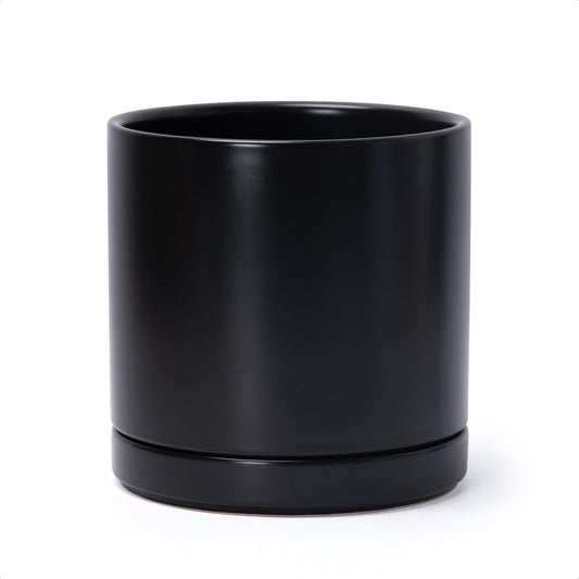 D'vine Dev 8 Inch Ceramic Planter Pot with Drainage Hole and Saucer, Indoor Cylinder Round Planter Pot, Black, 94-O-D-2