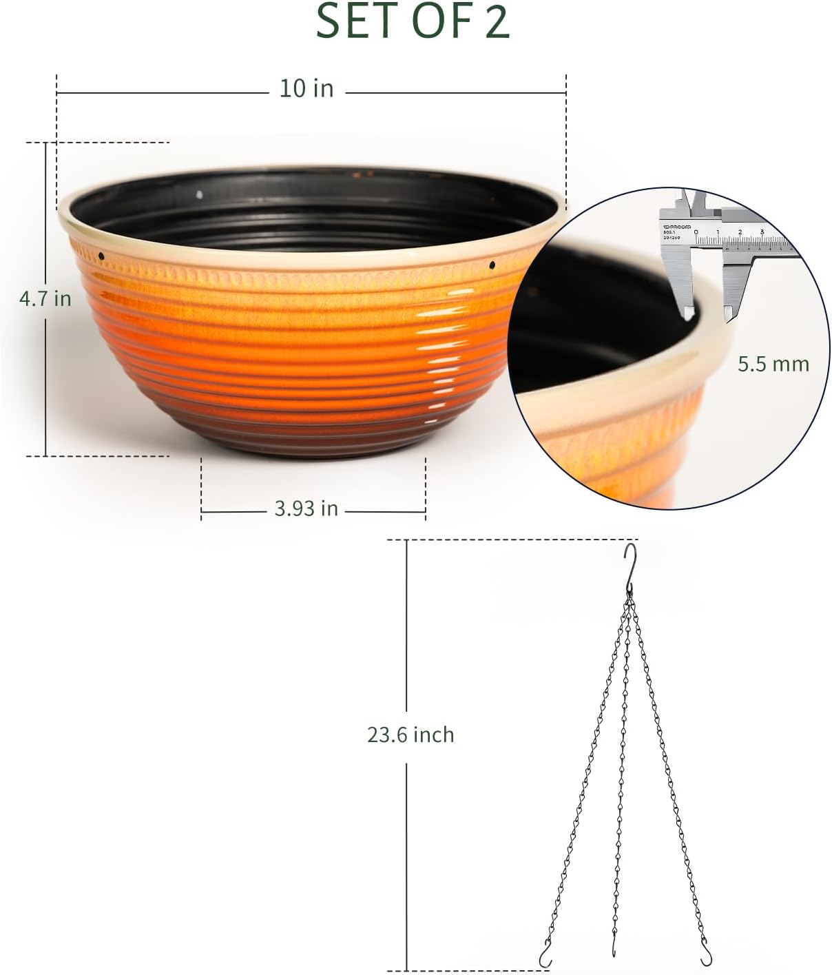 2 Pack Hanging Planters for Indoor Outdoor Plants, 10 Inch Hanging Planter with Drainage Hole & Plug Glazed Hanging Baskets Flower Pots for Garden Home, Orange