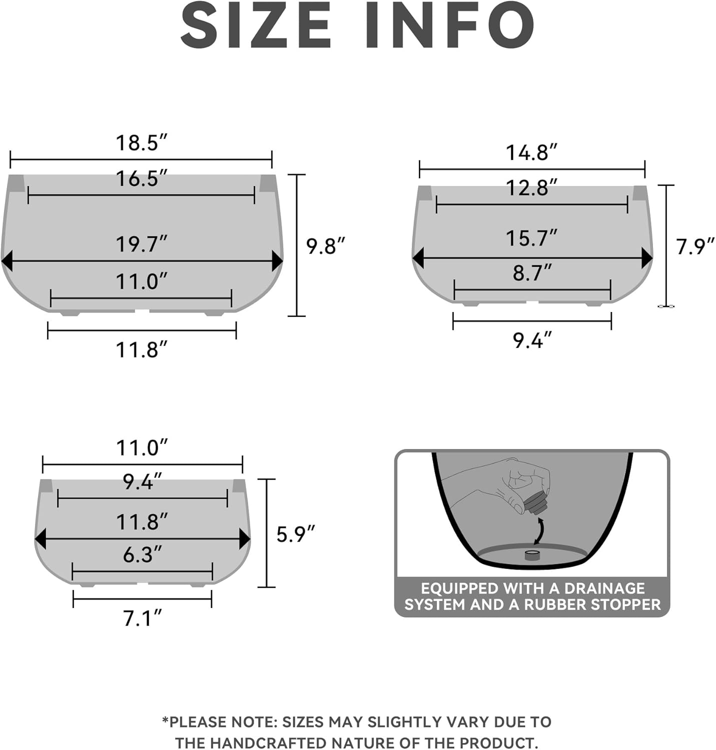 Kante 19.6",15.7",11.8" Dia Round Concrete Planters Set of 3, Outdoor Indoor Garden Plant Pots with Drainage Hole and Rubber Plug, Modern Curvaceous Design, Natural Concrete