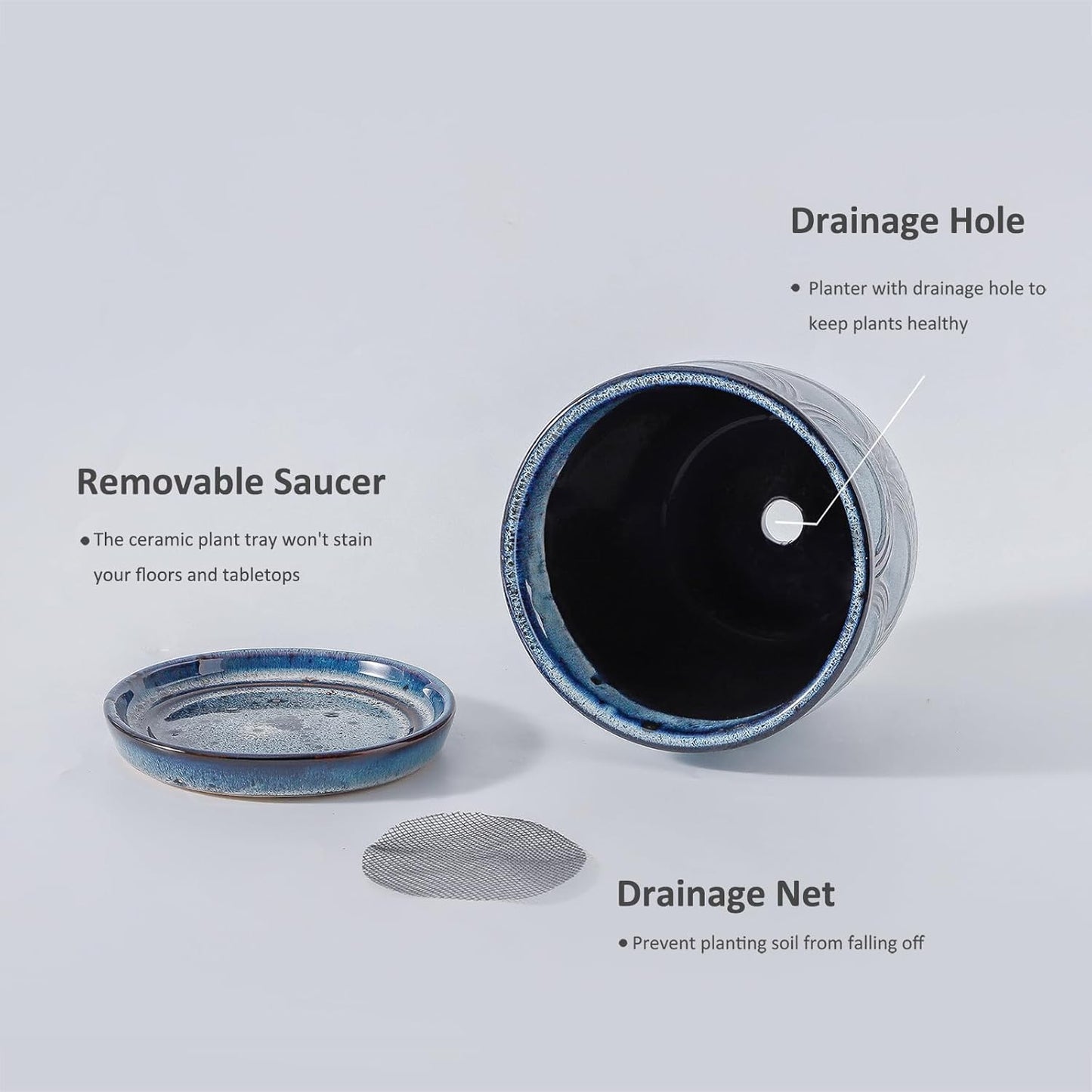 Plant Pots Indoor, Ceramic Planter, 6in Plant Pot, Plant Pots with Drainage Holes and Saucers, Flower Pots for Indoor Plants, Reactive Glaze Blue