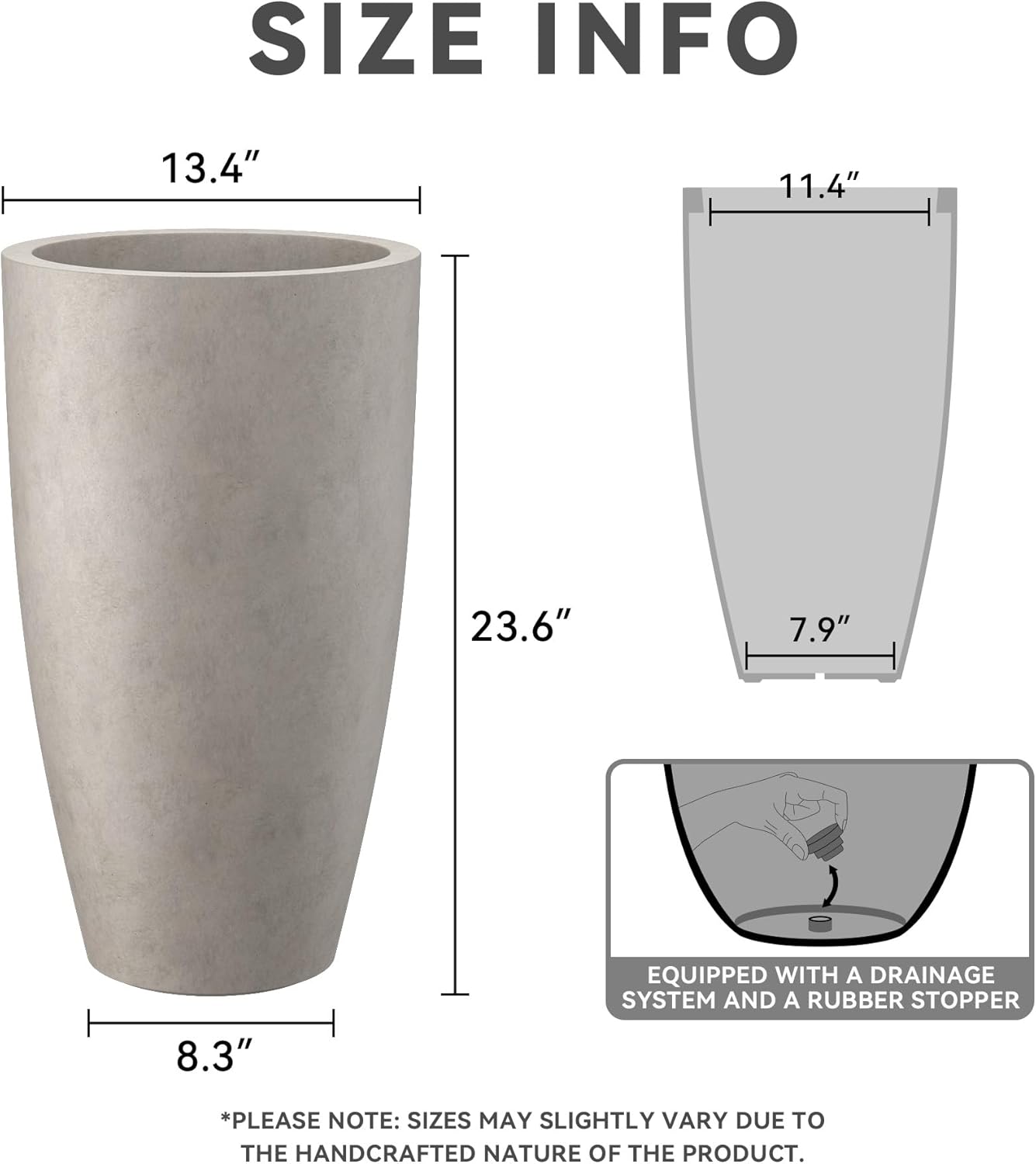 Kante 23.6" H Weathered Concrete Tall Planters (Set of 2), Large Outdoor Indoor Decorative Plant Pots with Drainage Hole and Rubber Plug, Modern Style for Home and Garden