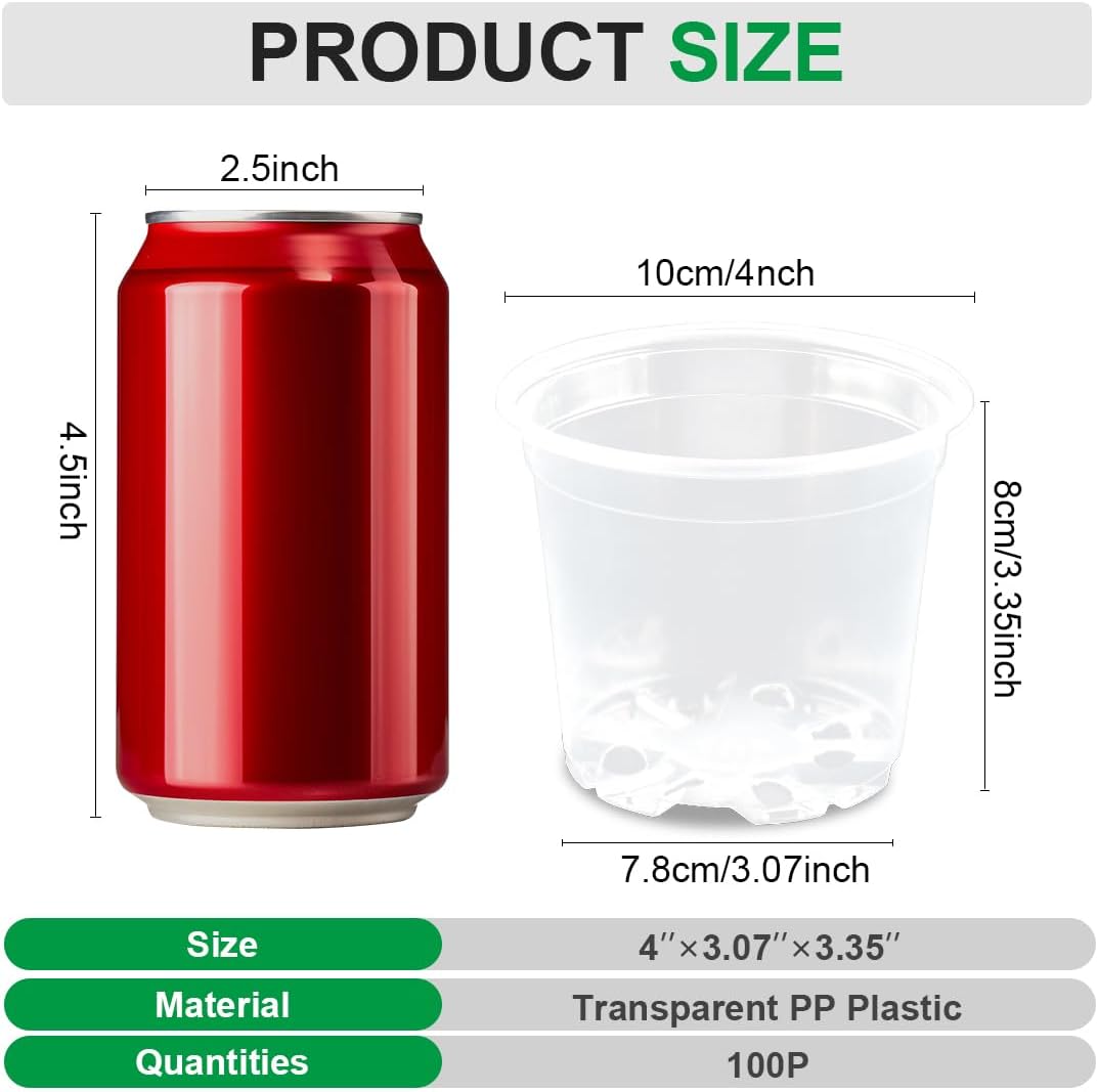 100 Pack 4 Inch Clear Plant pots with Drainage Holes, Transparent Nursery Seeding Pots, Flexile Seeds Starter Pots, Seeds Germination (4Inch,100P,Clear)