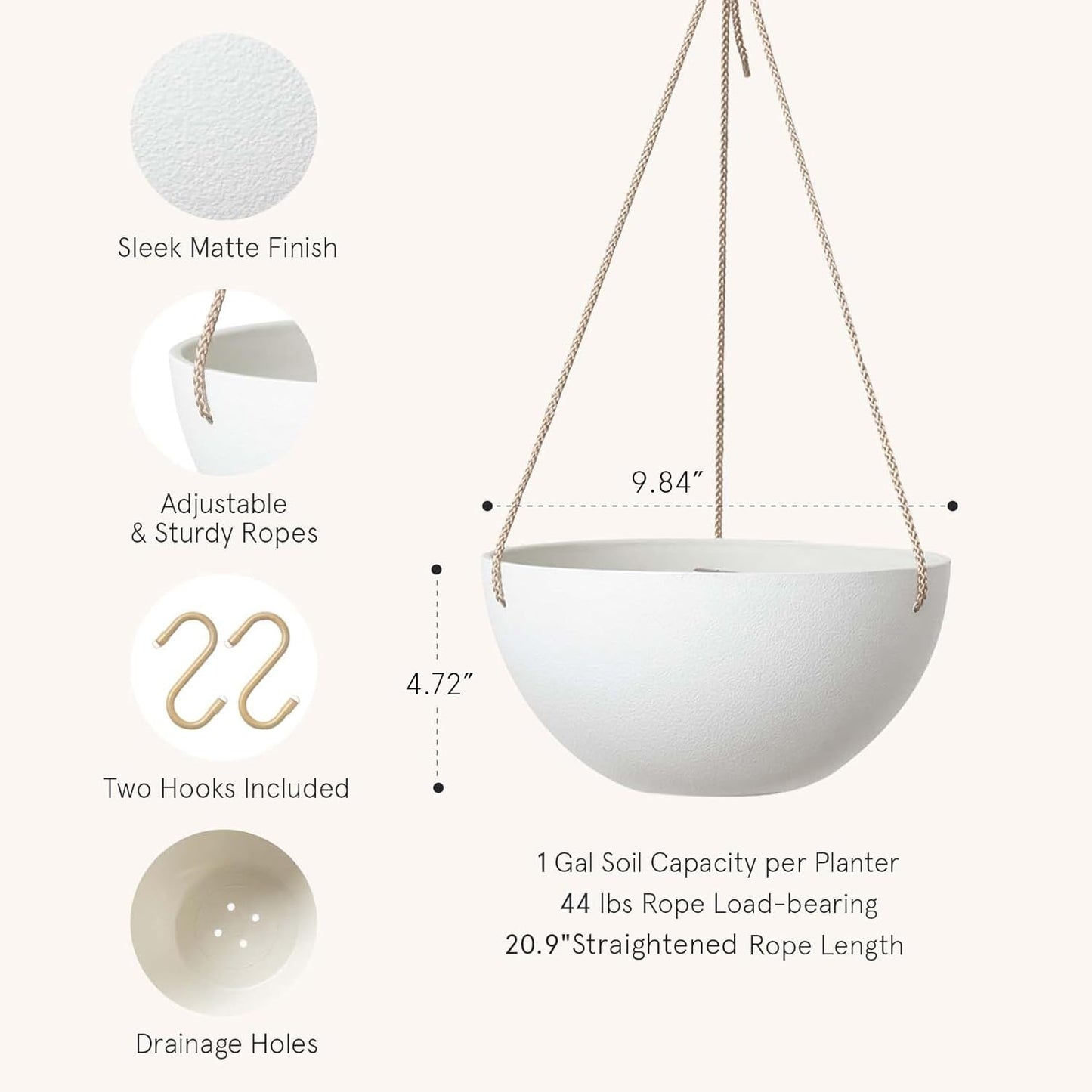 LA Jolie Muse Hanging Planter - 9.84 Inch Hanging Planters for Indoor Plants, Hanging Pots for Plants Indoor Outdoor, Set of 2, White