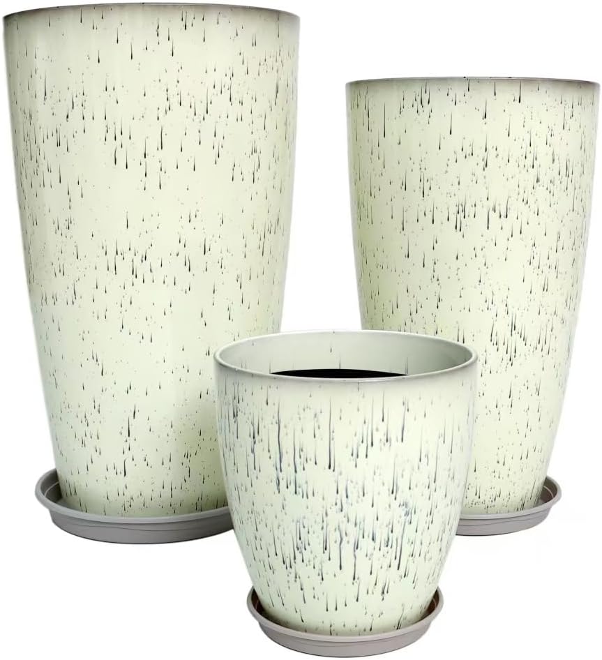 24,21,11 Inch Large Plastic Planters with Drainage Hole and Saucer - Set of 3 Tall Plant Pots Indoor Flower Pot Tall Round Planters Outdoor Large Tall Planter