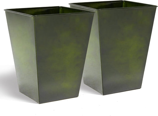 KOL 18''H. Bright Glazed Planter with Drainage Hole, Set of 2, Galvanized Steel Planter Pots for Indoor & Outdoor Use, Decorative Flower Plant Pots for Front Porch, Patio, Deck - Green