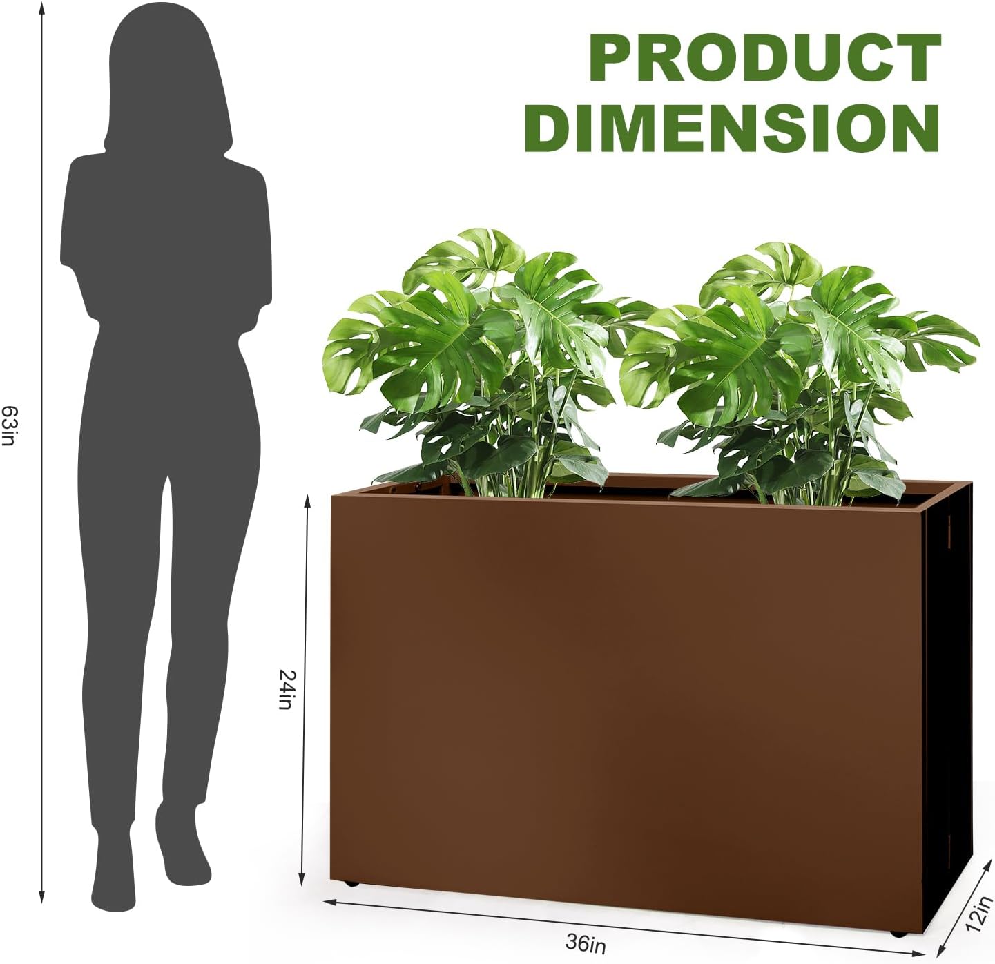 Galvanized Steel Planter Box-No Installation Required Metal Rectangular Block Long Box Planter Modern Outdoor Planters All-Weather Use with Drainage Holes for Patio/Porch, 36×24×12IN（Brown）