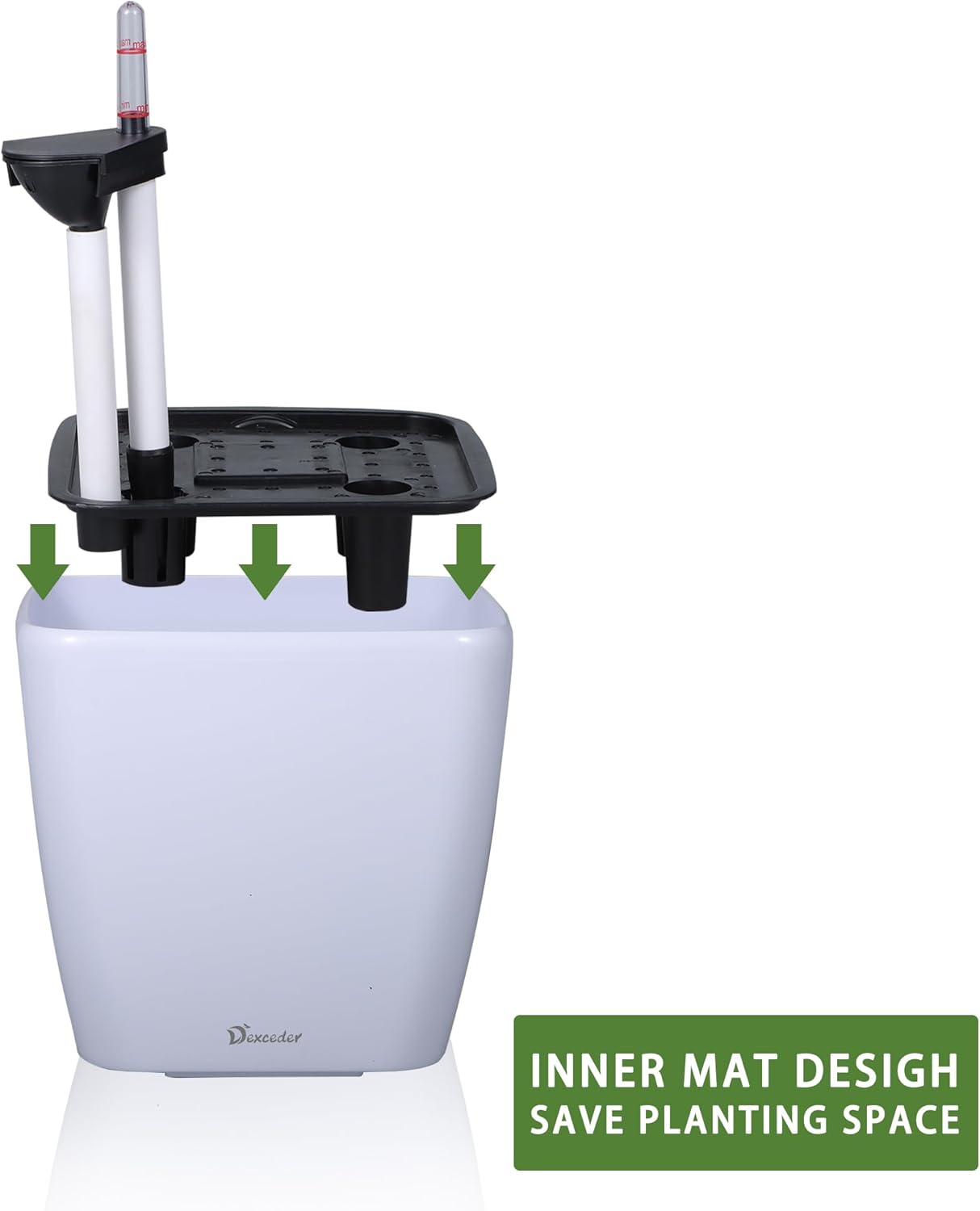 Dexceder 11x10 Self Watering Planter Indoor Outdoor, Inner Mat Design, Thickened Table Flower Plant Pot with Water Level Indicator (White High Gloss)