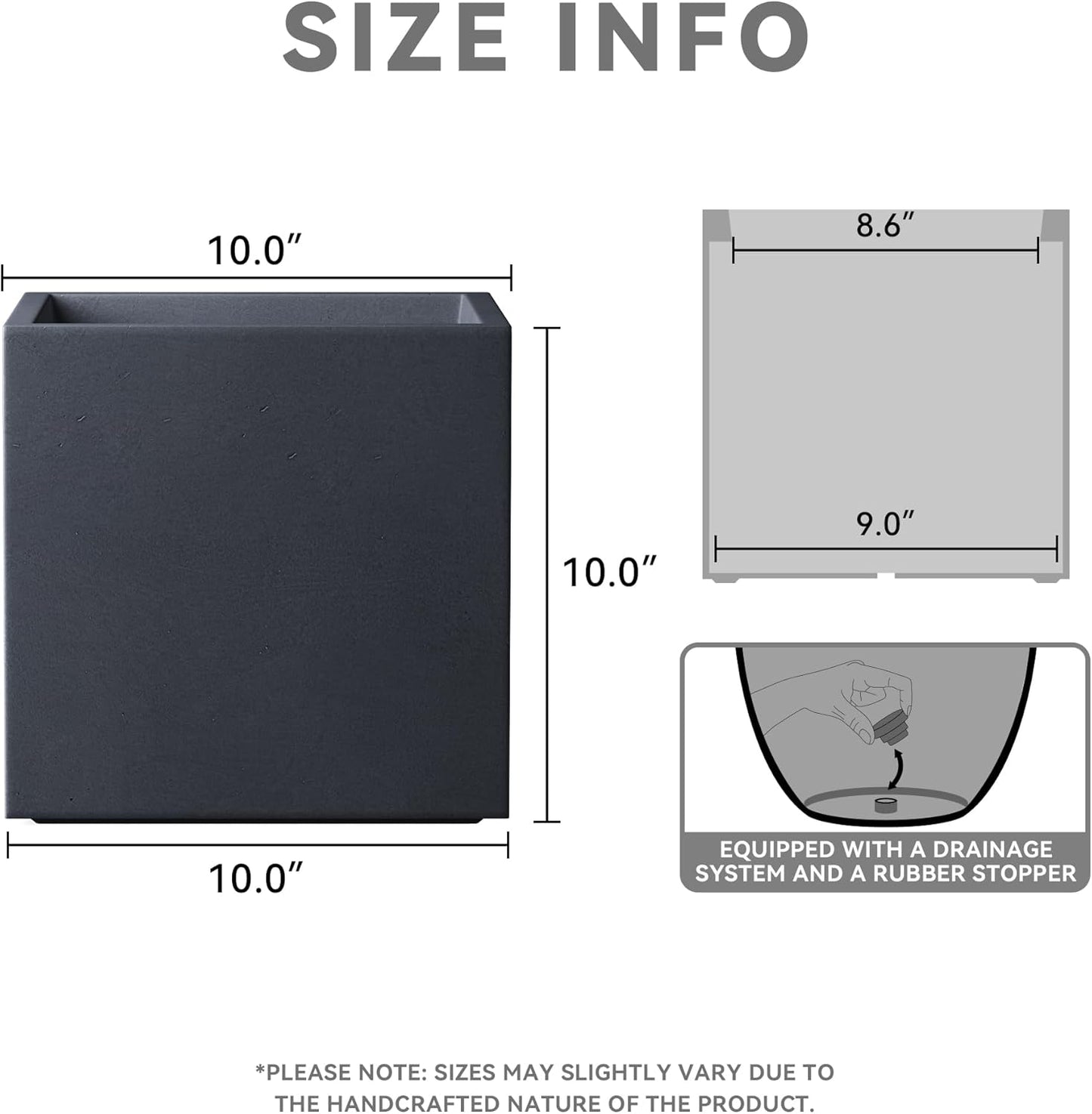Kante 10 Inch Square Concrete Planter for Outdoor Indoor Home Patio Garden, Large Plant Pot with Drainage Hole and Rubber Plug, Charcoal