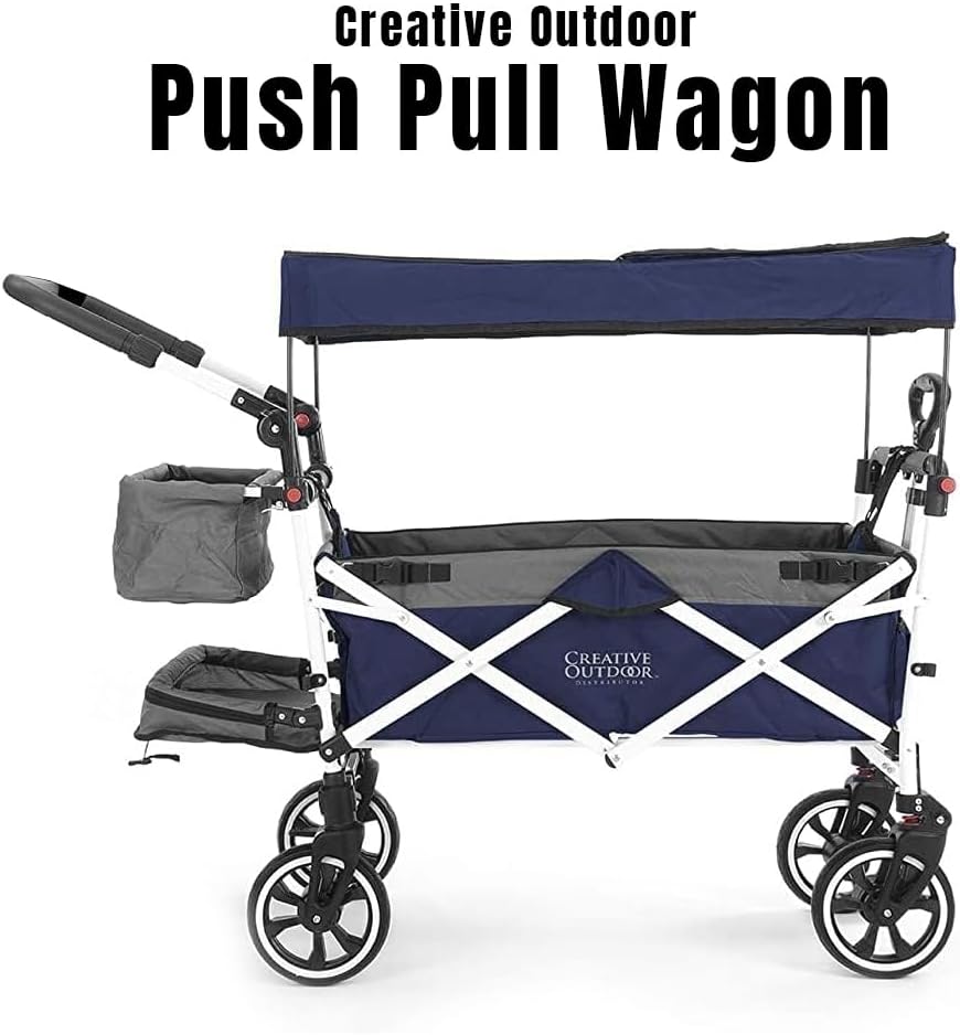 Creative Outdoor Wagon for Kids Push Pull Collapsible Stroller with Canopy Folding Cart for Beach, Park, Garden & Tailgate (Navy Blue & Grey)