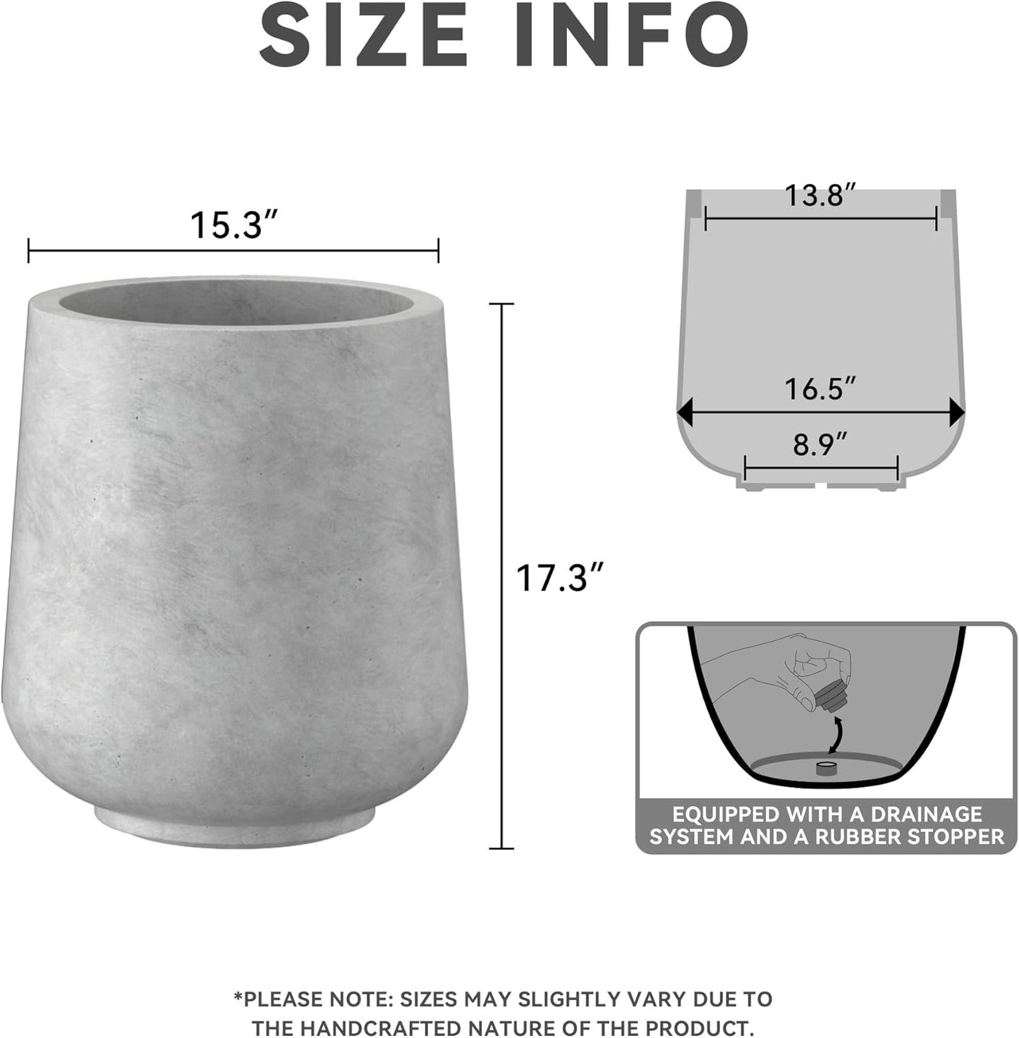 Kante 15.3" Dia Round Concrete Planter, Outdoor Indoor Large Plant Pots Containers with Drainage Hole and Rubber Plug for Home Garden Patio, Gray Concrete