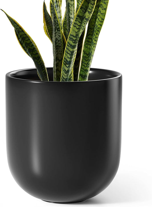 LE TAUCI 10 Inch Plant Pot, Ceramic Pots for Plants with Drainage Hole and Rubber Plug, Plant Pots Indoor for Olive Tree, Cylinder Planter Pot for Home Patio Office, Black