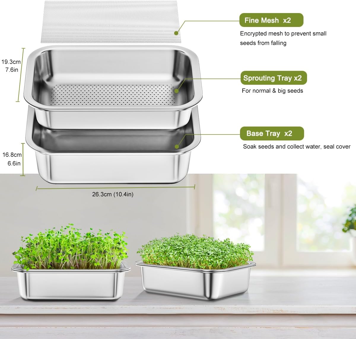 FANHAO 2-Pack Sprouting Tray Kit, Stainless Steel Soil-Free Cultivation Germination Tray, Healthy Wheatgrass Grower Sprouting Container Kit Nursery Tray for Indoors Plant Seedlings