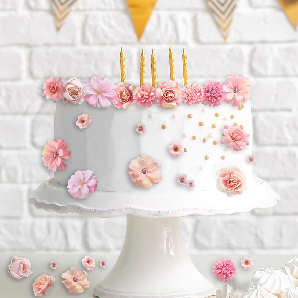 Faux Flower Heads Small Silk Artificial Flower DIY Fake Mini Flowers Rose Daisy Multicolor Flowers Craft Supplies for Wedding Party Wreath Graduation Season Party Home Decor (45, Pink)