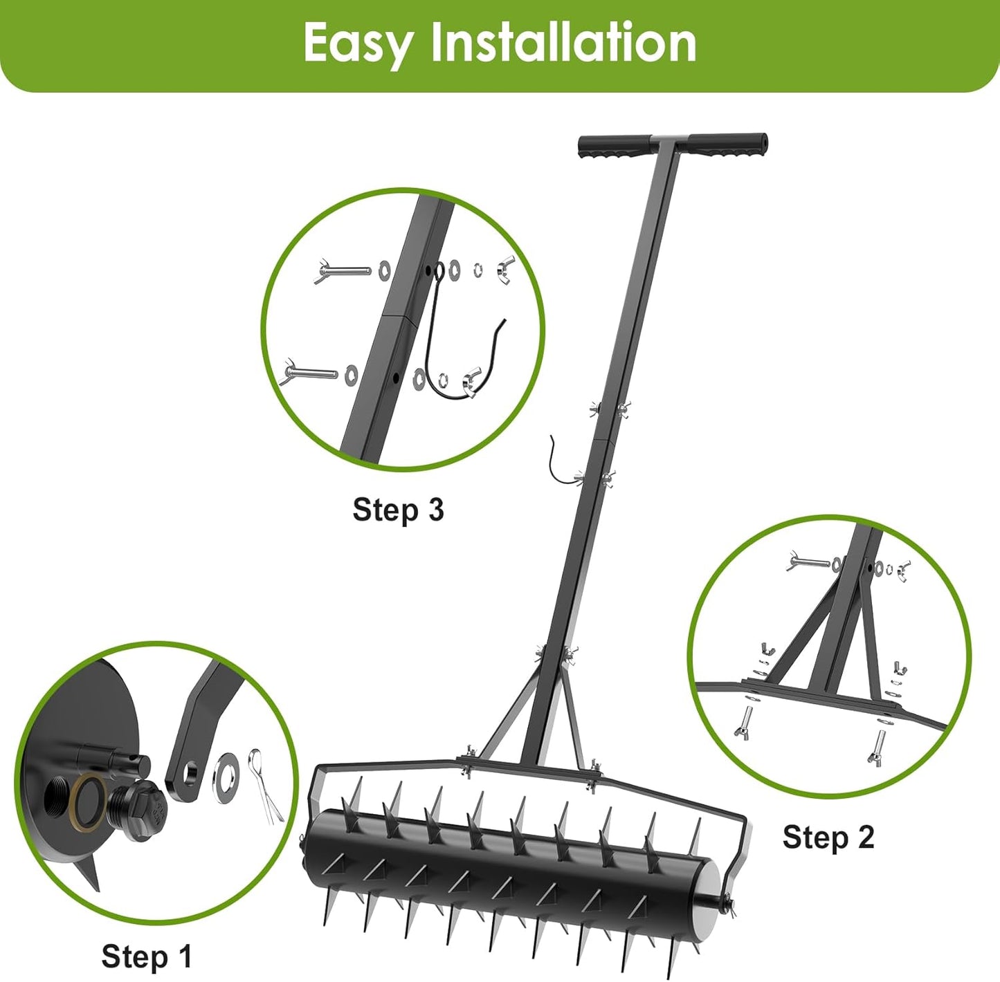 Seeutek 23 Inch Rolling Lawn Aerator - Upgraded Heavy Duty Aerator Lawn Soil Penetrator Spikes w/ 3 Adjustable Height Handles, Manual Aerator Lawn Tool for Garden Yard
