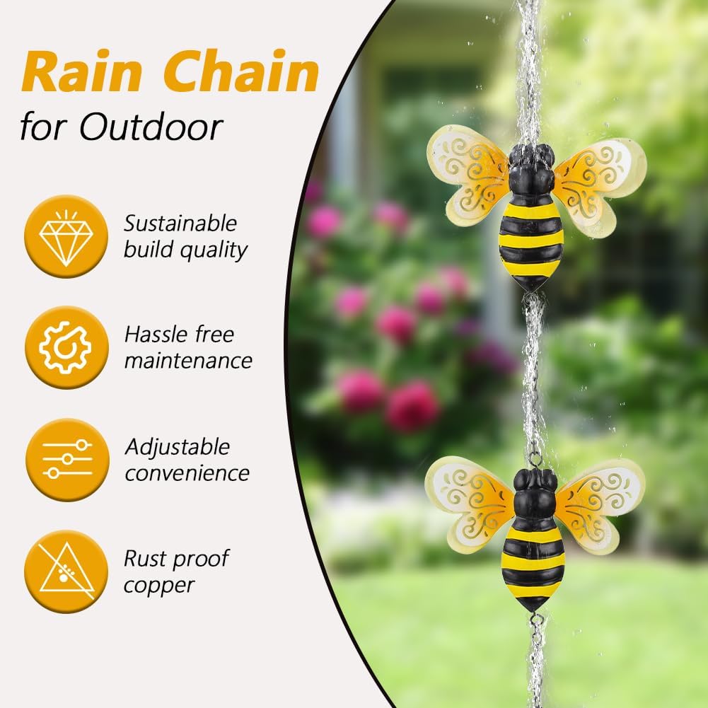 8.4 FT Rain Chains for Outside, Decorative Glow Bee Rain Chain with 12 Cups, Metal Adjustable Rain Catcher Chain, Replacement Downspout for Gutters