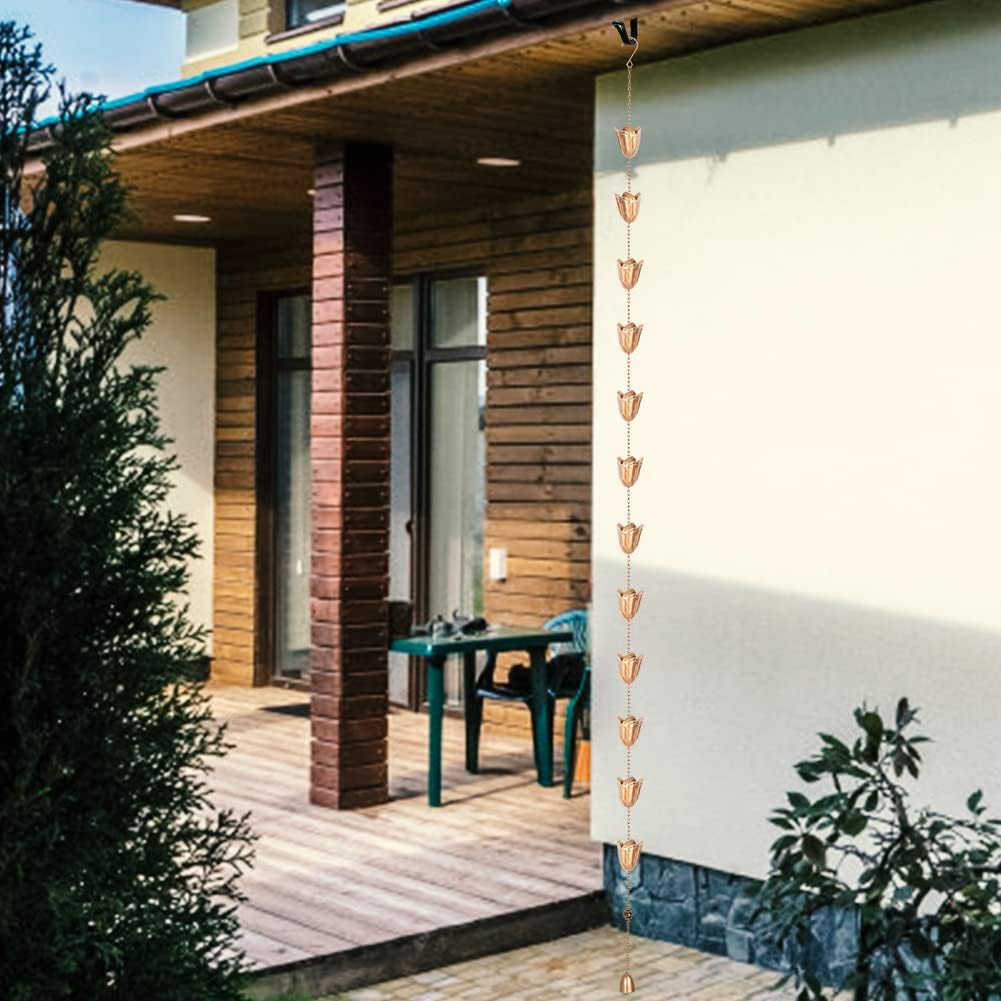 Rain Chains for Gutter, 8.3 Ft Tulip Rain Water Chain with 12 Cups, Adjustable Gold Rain Catcher Chain, Replacement Downspout for Gutters, Eaves Drainage Decor