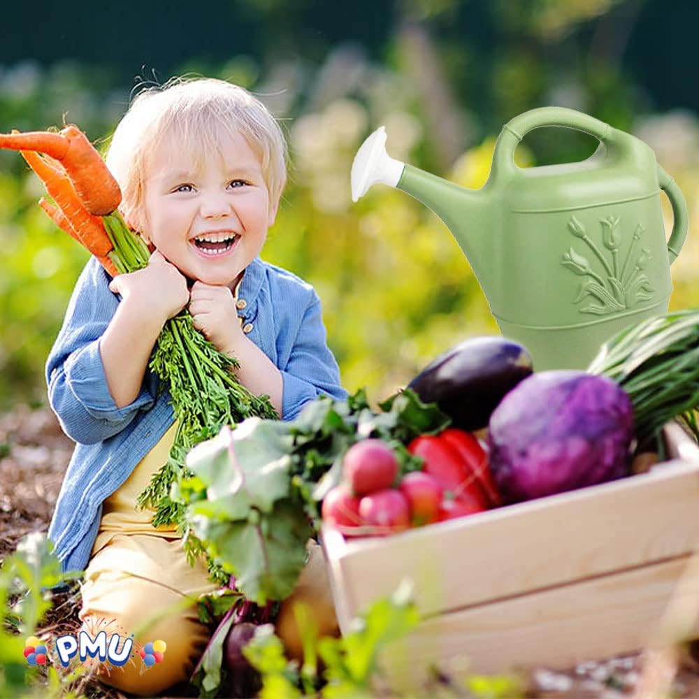 PMU 2 Gallon Watering Can - Garden Watering Can for Indoor & Outdoor Plants - Plastic Water Can with Detachable Sprinkler Head - Large Water Pot, Made in USA - Sage Green Pkg/6