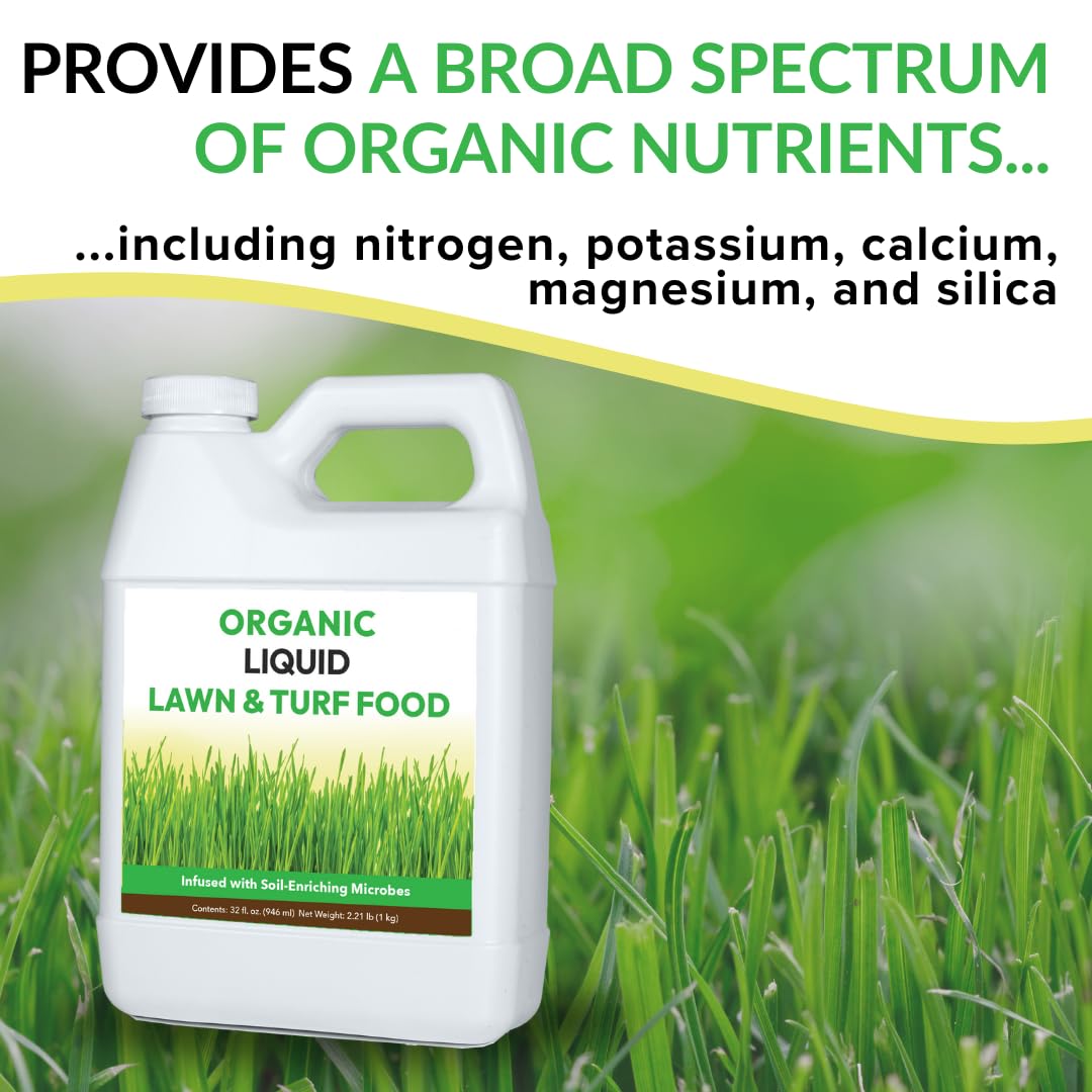 Organic Liquid Lawn & Turf Food - Quickly Rejuvenates Lawn Health and Restores Rich Green Colors to Depleted Grass | Infused with Soil Enriching Microbes (32oz, Treats Up to 5,000 Sq. Feet)