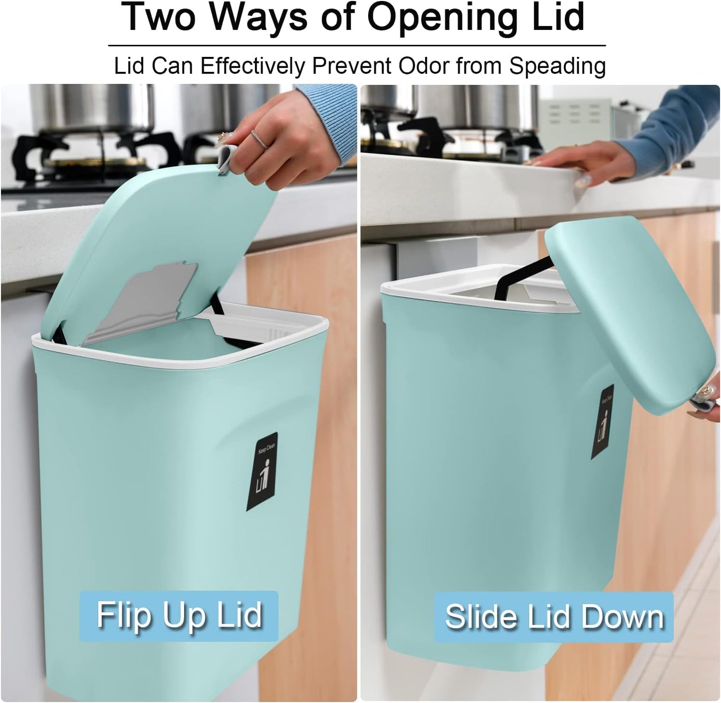 Tiyafuro 2.4 Gallon Kitchen Compost Bin for Counter Top or Under Sink, Hanging Small Trash Can with Lid for Cupboard/Bathroom/Bedroom/Office/Camping, Mountable Indoor Compost Bucket (Blue)