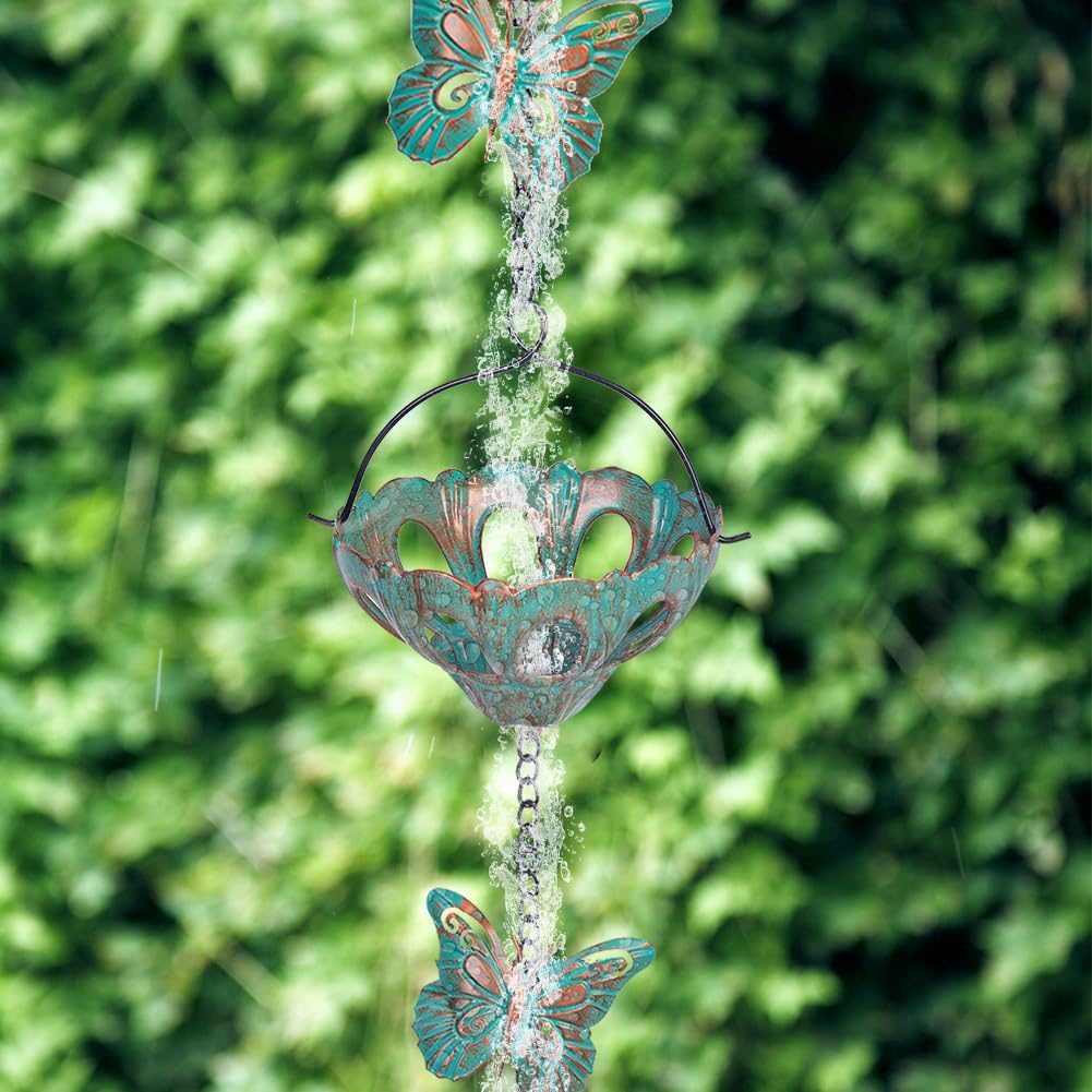 12FT Rain Chains for Outside, Metal Rain Chain with Butterfly Decor, Adjustable Rain Catcher Chain with Bell for Eaves Drainage, Replacement for Downspout (12 Cups)