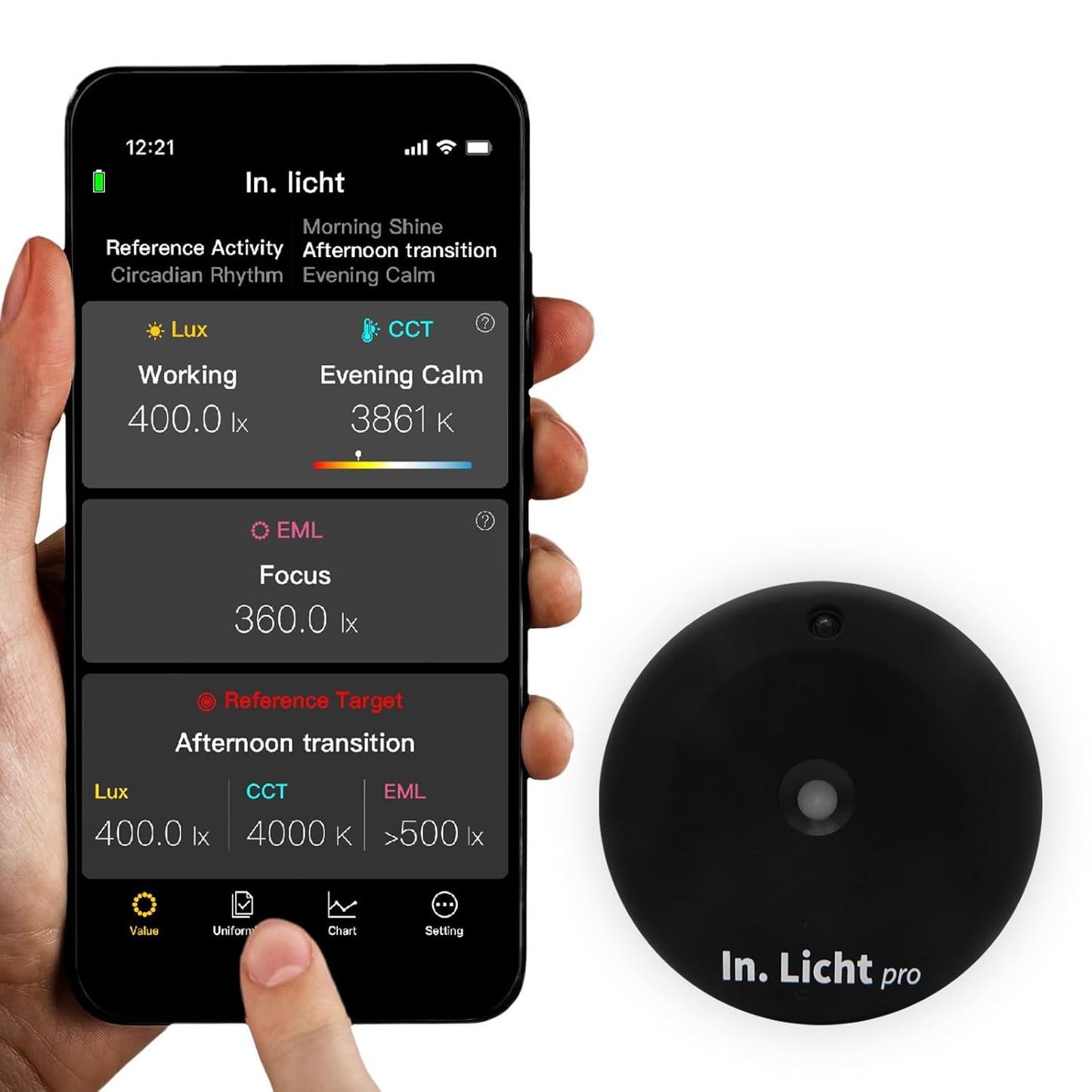 Pro Handheld EML Light Meter Sensor Lumens Lux Color Temperature CCT Contrast Uniformity Measurement for Architecture Interior Lighting Design Well Healthy Building Standard V2 Compliance