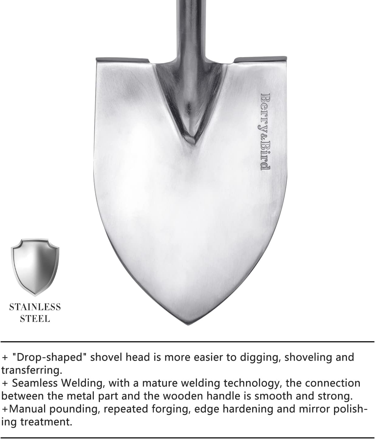 Berry&Bird Round Point Gardening Shovel with Wood D-Handle, 40.98" Stainless Steel Beach & Snow Shovel