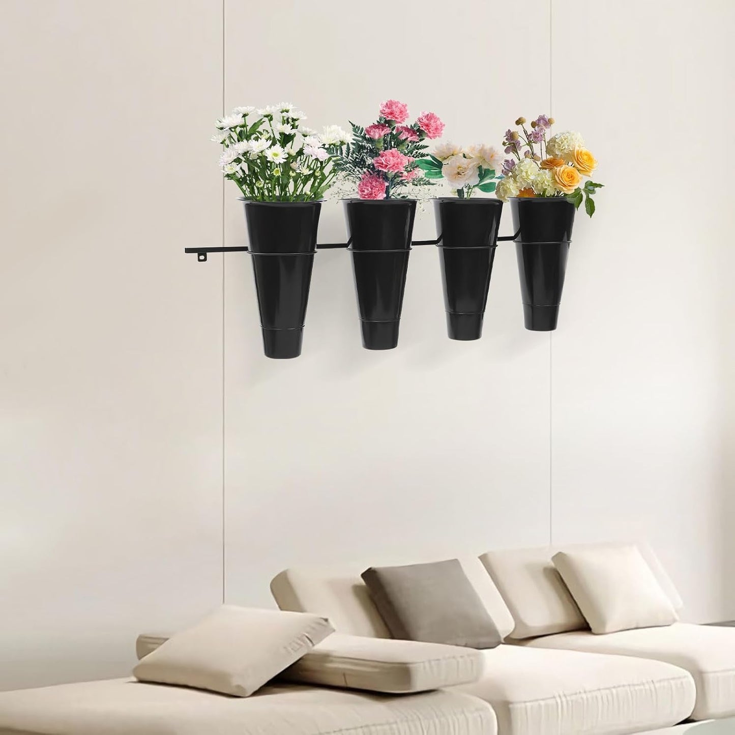 Wall Mounted Plant Holder with 4 Buckets,Metal Flower Pot Wall Hanging Shelf Black Indoor Outdoor Decorative Floating Shelves Planter Hanger Racks for Wall Bedroom Living Room Porch