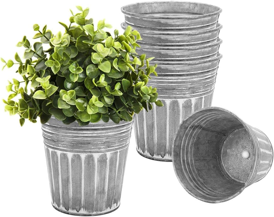 6 Inch Silver Metal Rustic Flower Pots - 6Pcs Galvanized Planters with Drainage Hole and Rubber Plug, Rustproof Metal Bucket Plant Pots Farmhouse Vintage Style for Decor